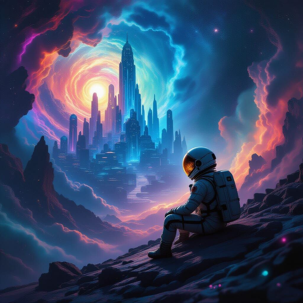 Astronaut Reflects Alien City in Nebula