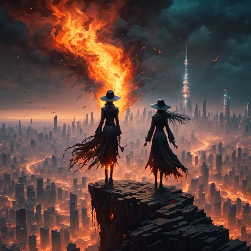 Android Witch Overlooking Burning City