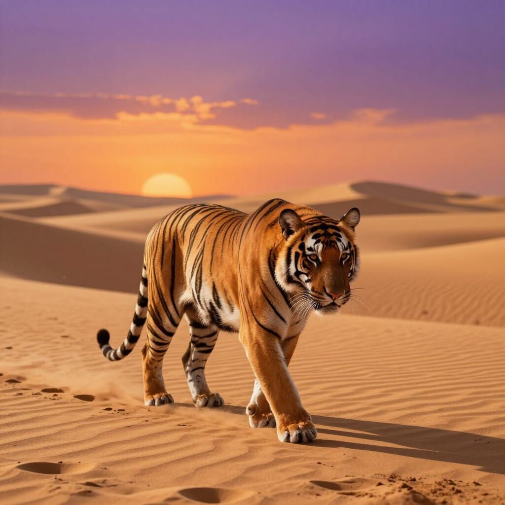 Hyperrealistic Tiger Walks Desert Dunes at Golden Hour