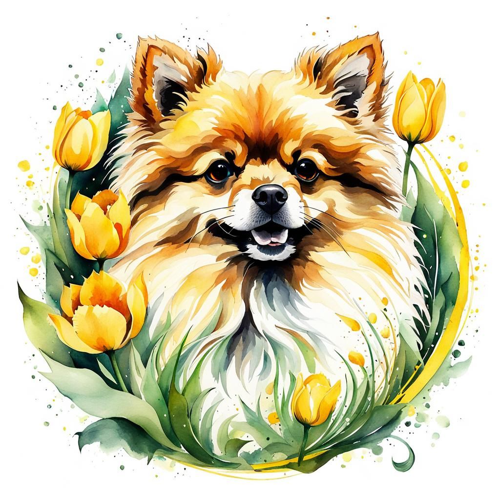 Whimsical Pomeranian Dog with Yellow Tulips Watercolor