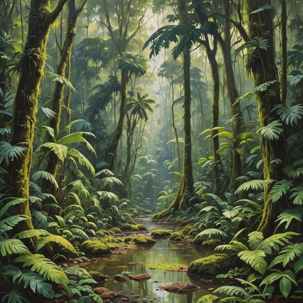Lush Rainforest Oil Painting by James Gurney