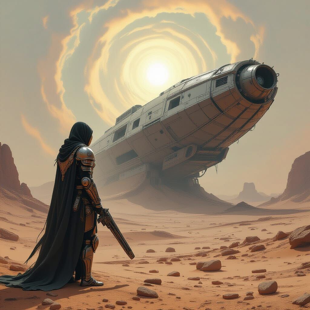 Holy Warrior Guards Spaceship in Post-Apocalyptic Desert