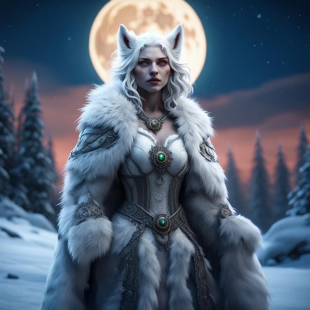 Wolf Woman in Snowy Moonlight: Fantasy Art