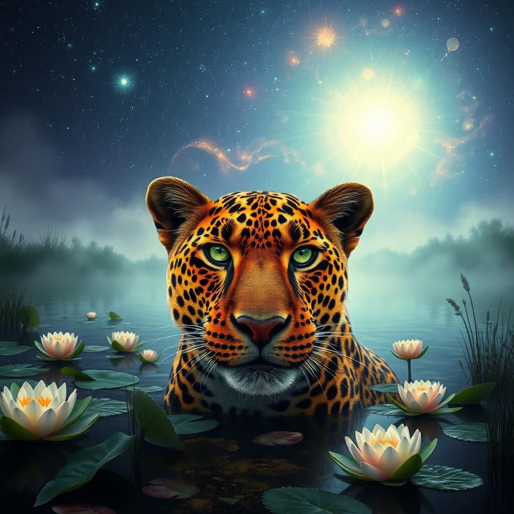 Leopard Eyes Gaze from Cosmic Riverbank