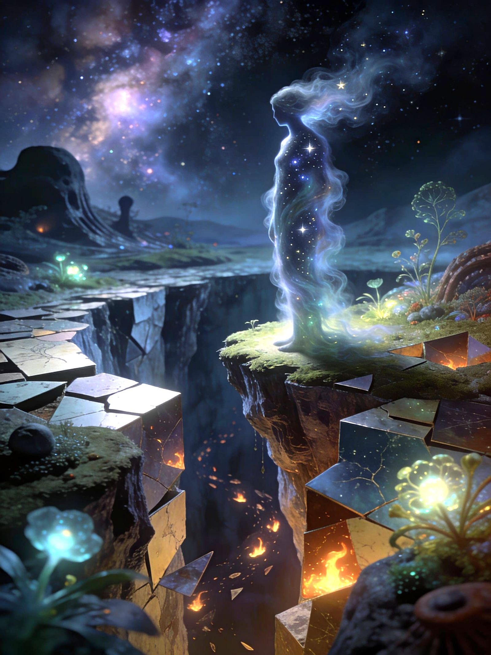 Misty Figure on Floating Island in Surreal Landscape