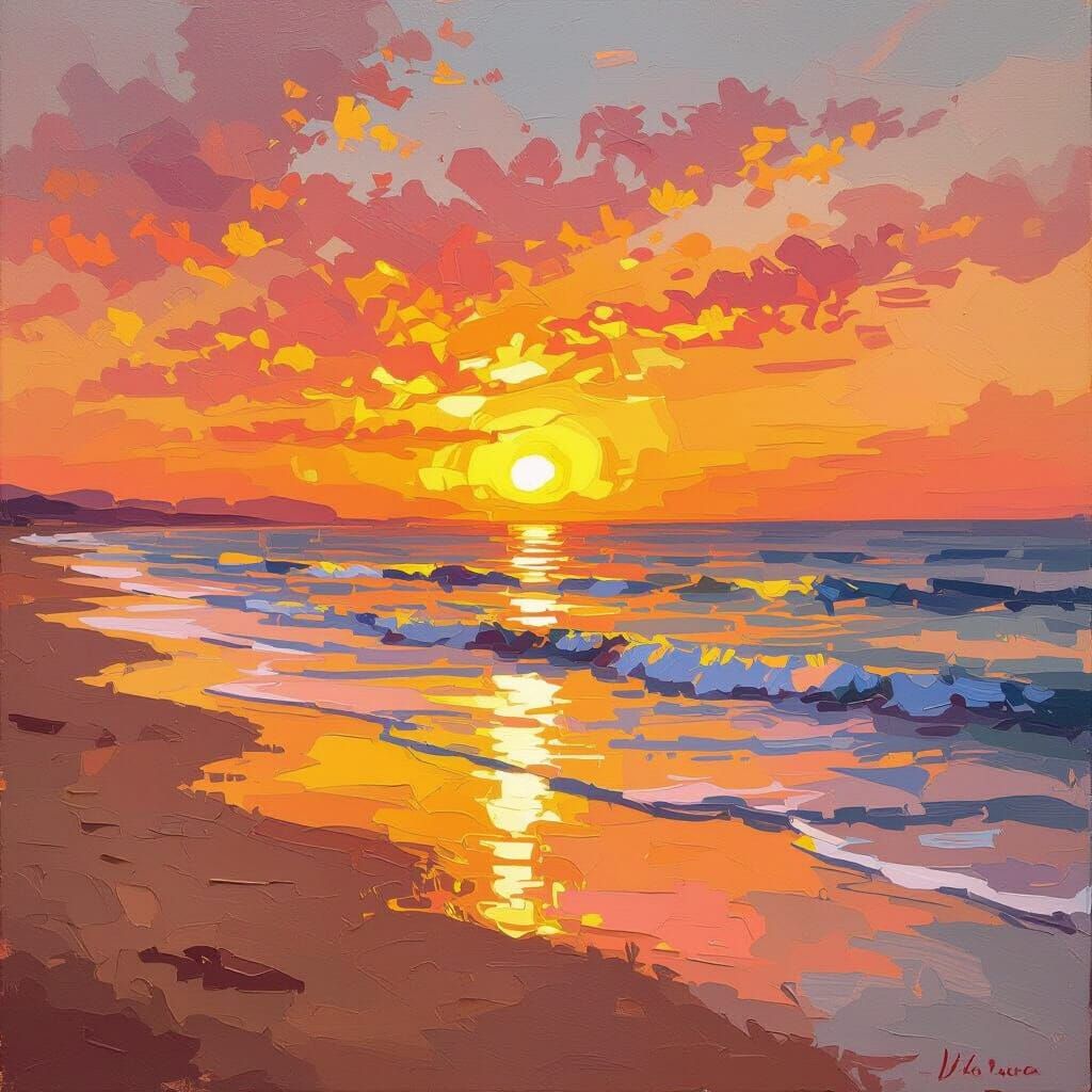 Serene Beach Sunset in Impressionist Style
