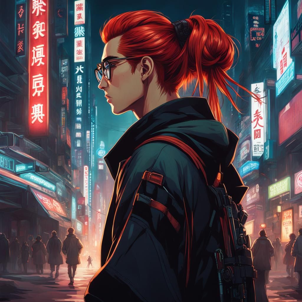 Cyberpunk Redhead on Japanese Street