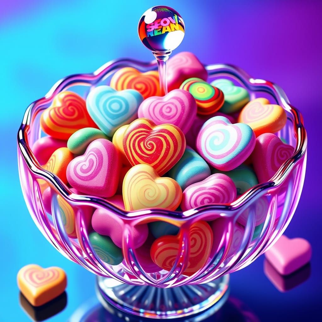Vibrant Candy Hearts Overflow from Glass Dish in Whimsical S...