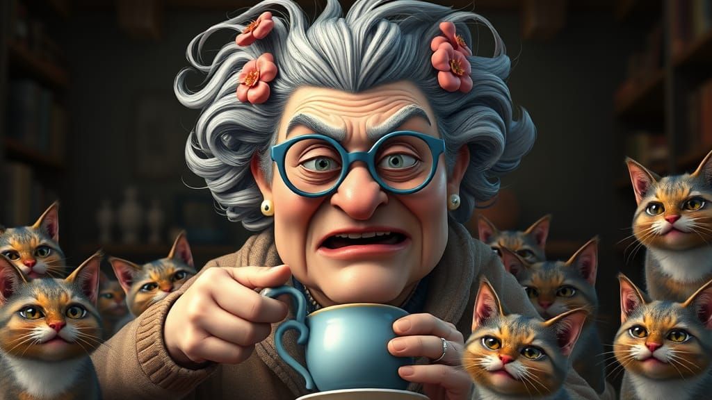 Grumpy Elderly Woman Surrounded by Cats in Dark Fantasy Sett...