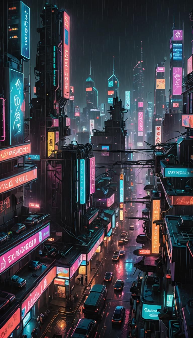 Cyberpunk Cityscape at Night with Flying Vehicles