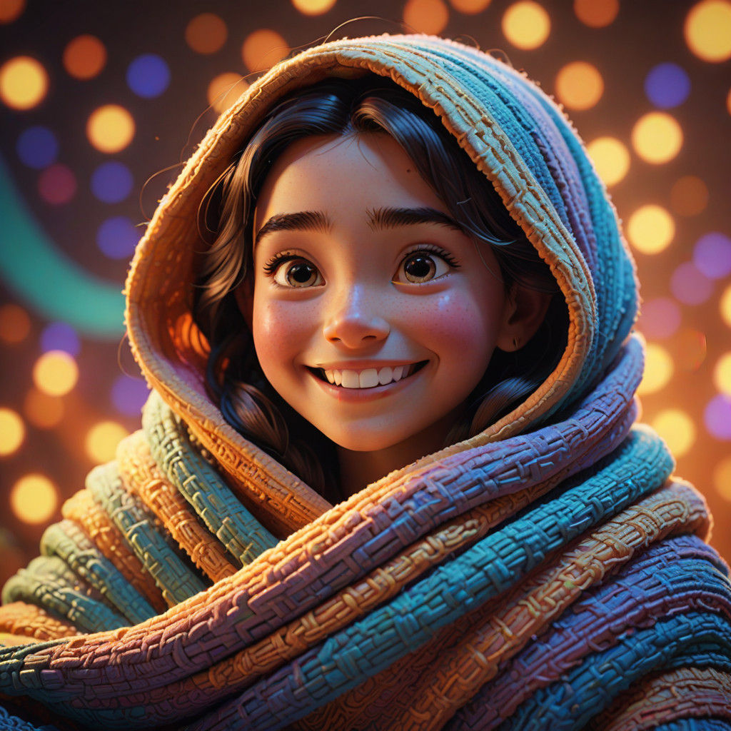 Cozy Pixar-Inspired Portrait of a Smiling Face Wrapped in a...