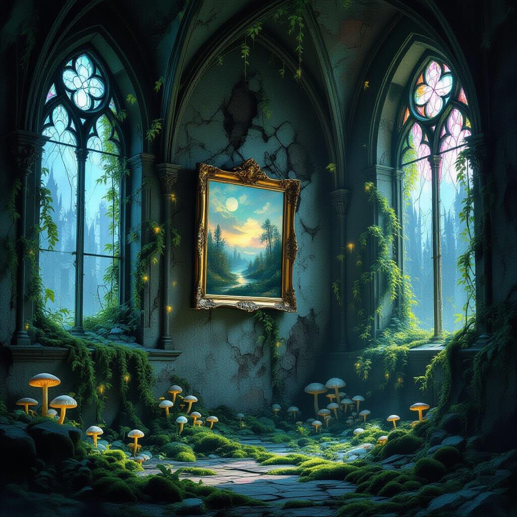 Gothic Cathedral Overgrown with Luminous Vines