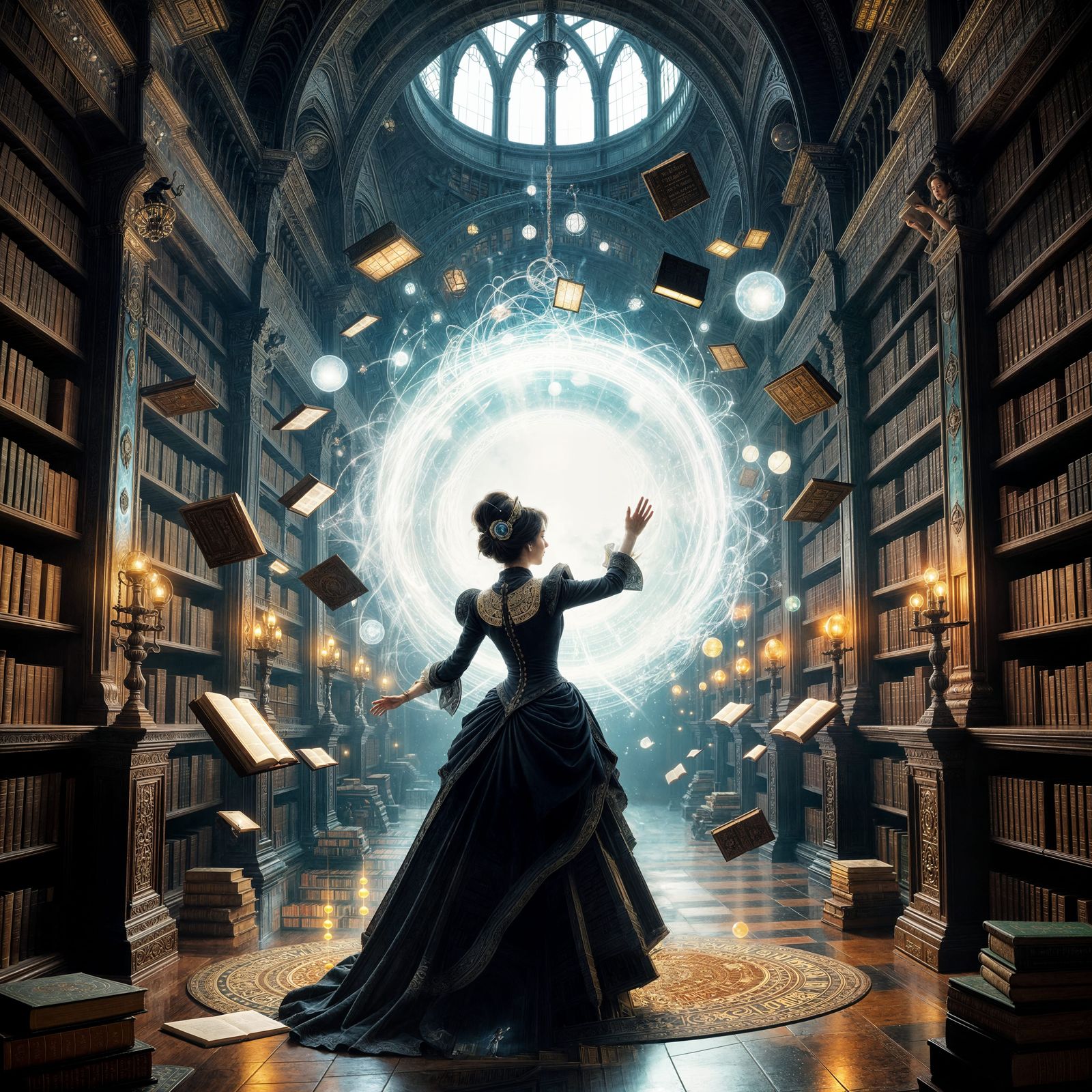 Solitary Librarian Reaches for Portal in Ethereal Library