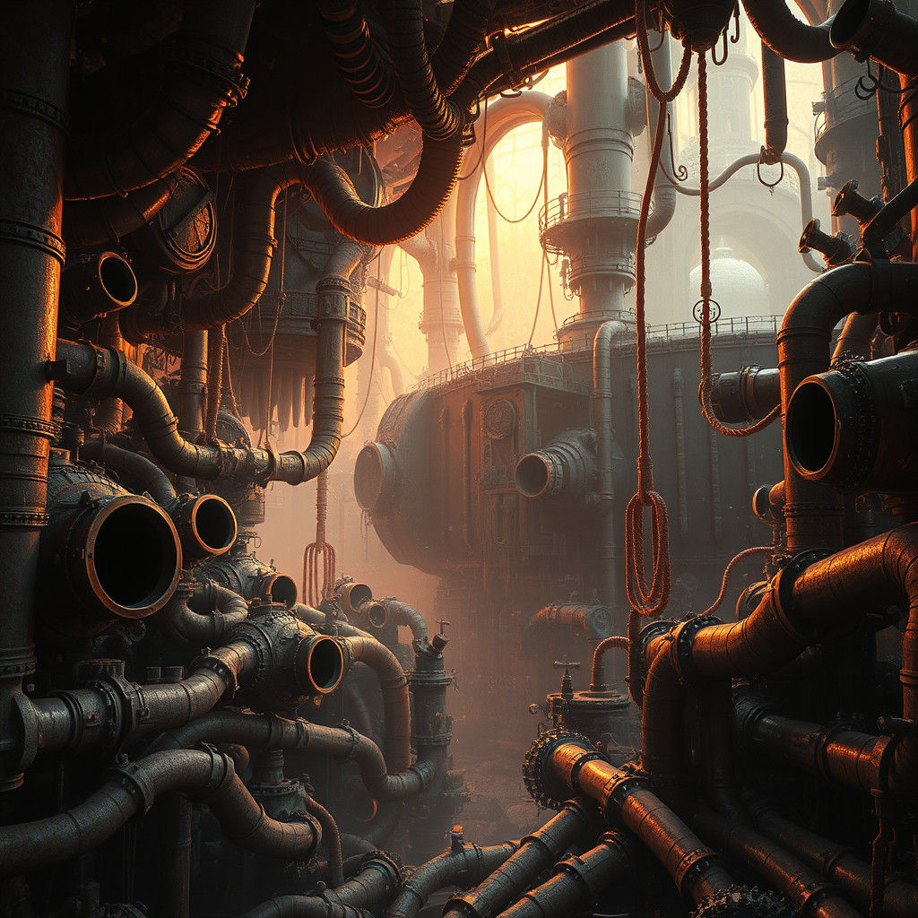 Industrial Dreamscape of Twisted Pipes in Steampunk Fantasy