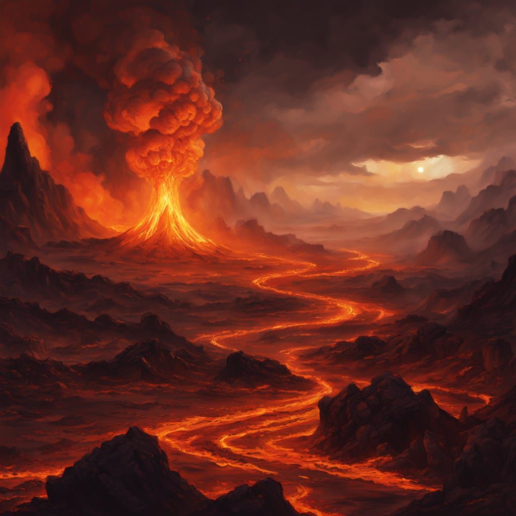 Epic Volcanic Vista Under Stormy Skies with Fiery Lava