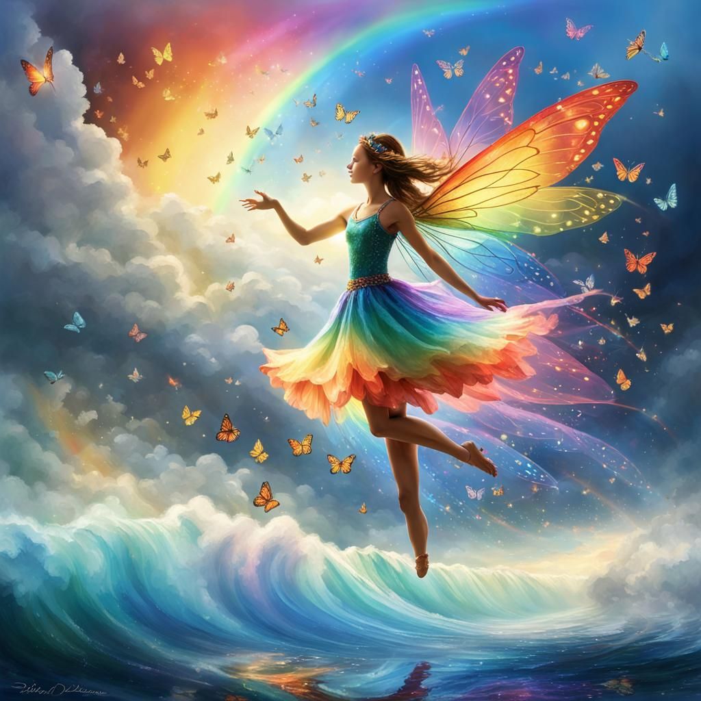 Radiant Fairy Amidst Rainbow and Butterflies