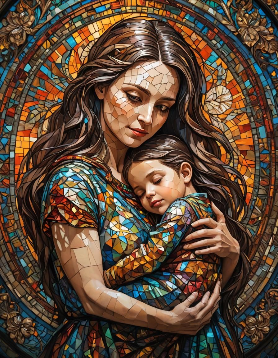 Mosaic Stained Glass: Mother and Child Embrace