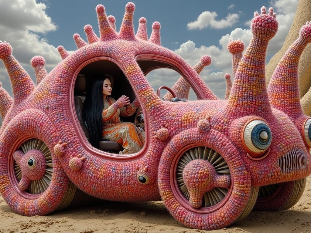 Knitted Car: Surreal Wearable Art in Miyazaki Style