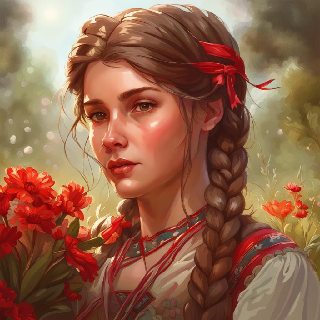 Slavic Girl Picking Flowers: Hyperdetailed Portrait
