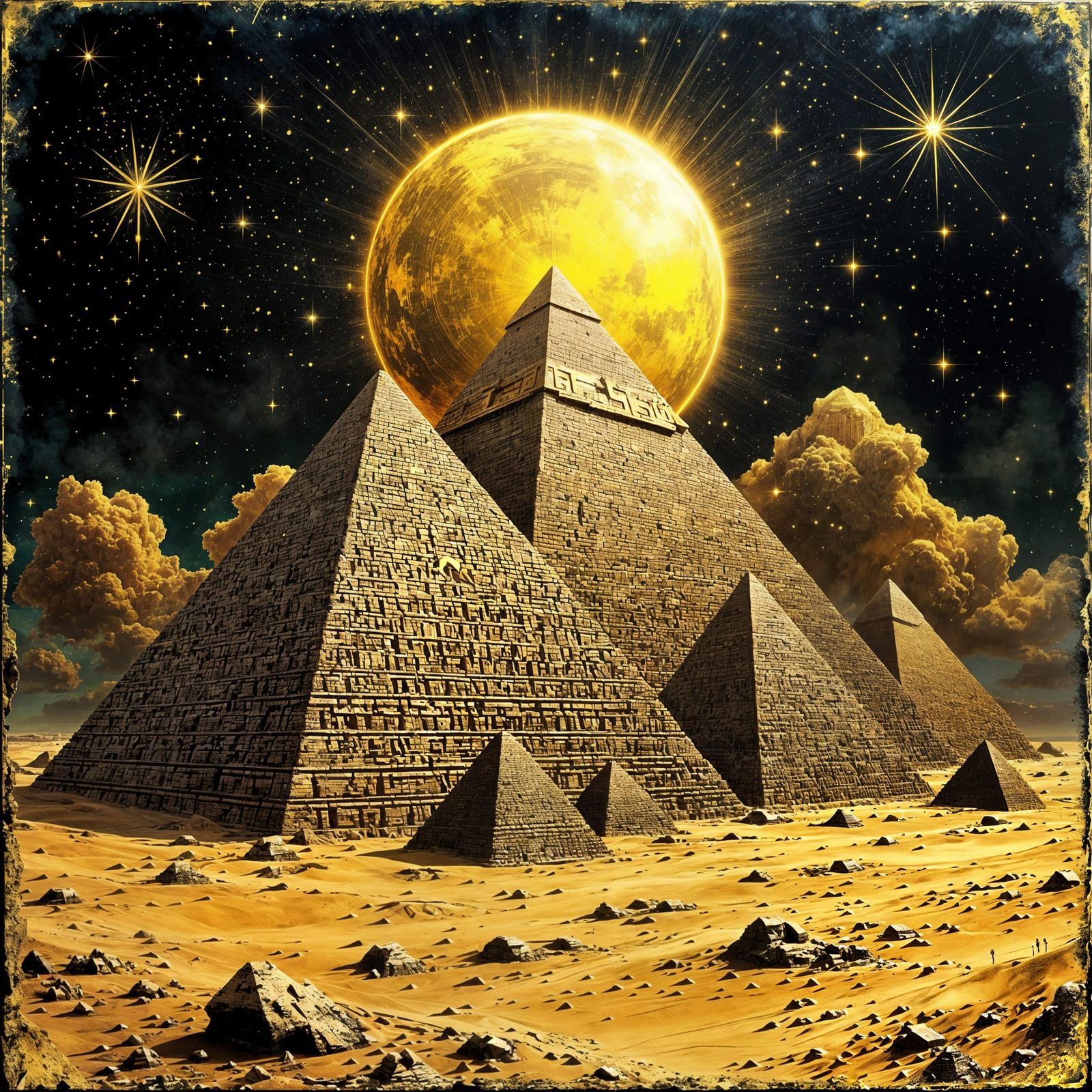 Golden Egyptian Pyramids: Art Deco Retrofuturism Fusion