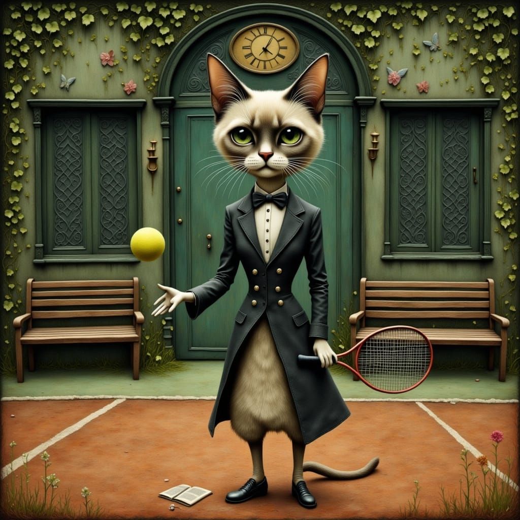 Siamese Cat Plays Tennis in Victorian Style