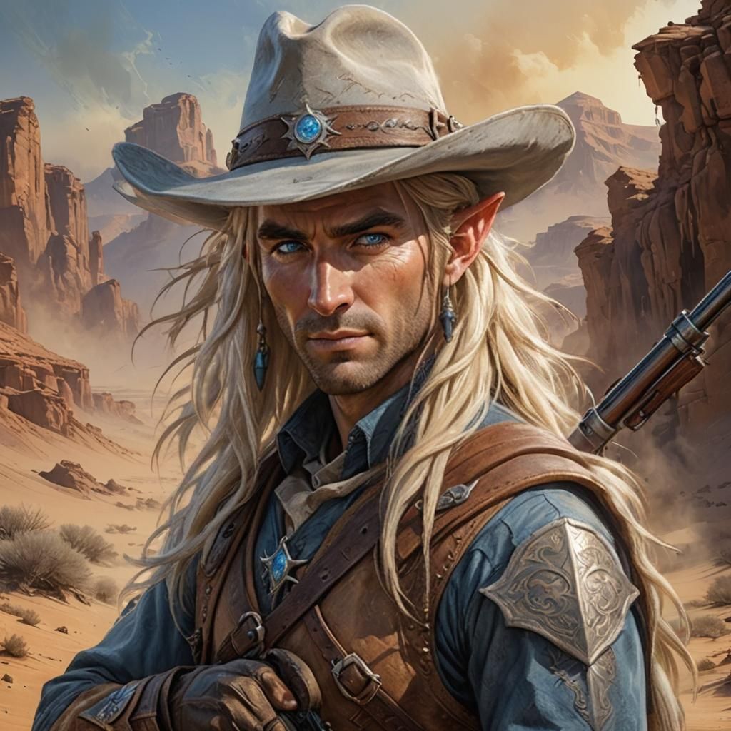 Elf Gunslinger Portrait in Fantasy Western Art