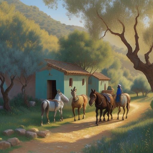 Moroccan Village Olive Groves in Impressionist Style
