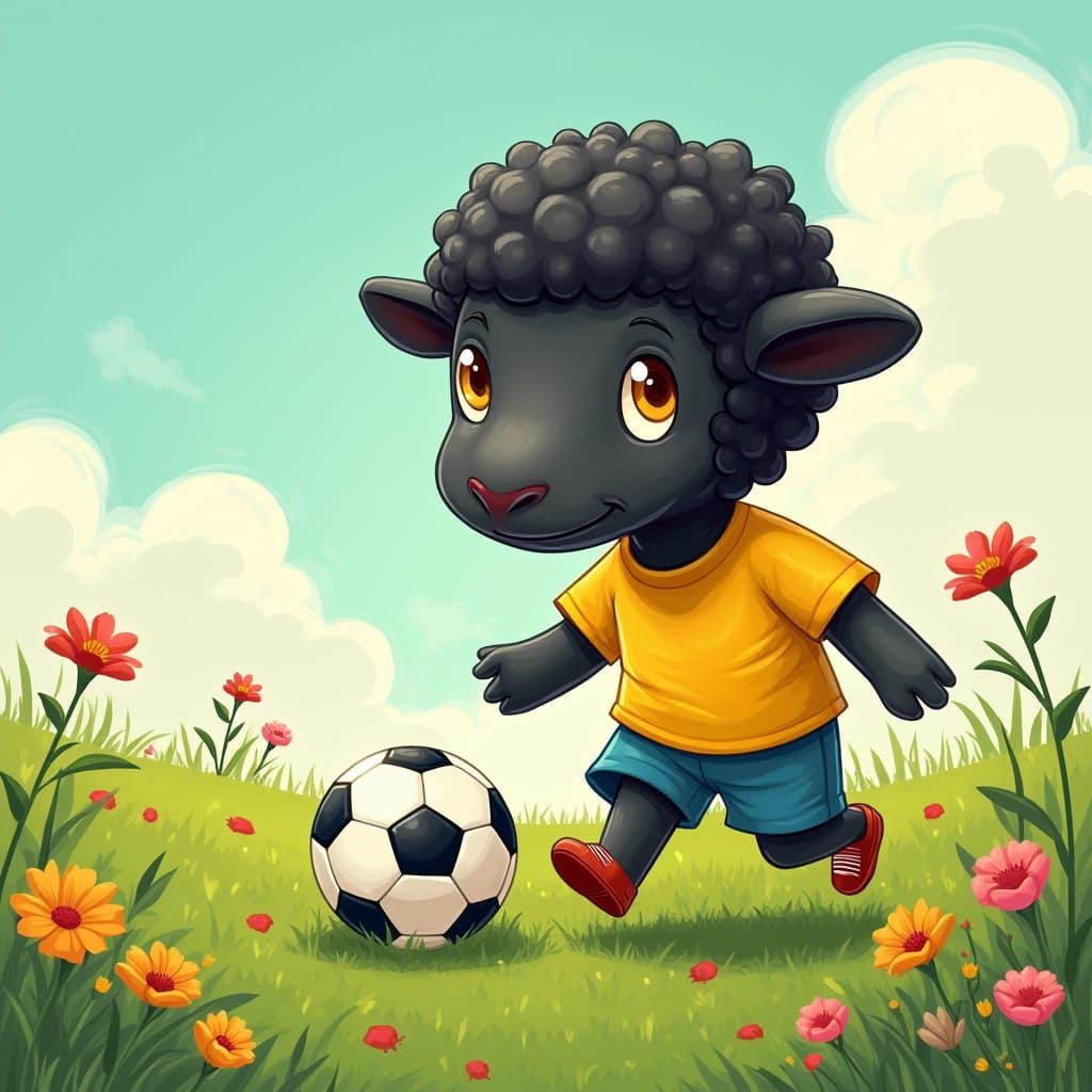A Black Sheep in Whimsical Soccer Gear Draws Superheroes