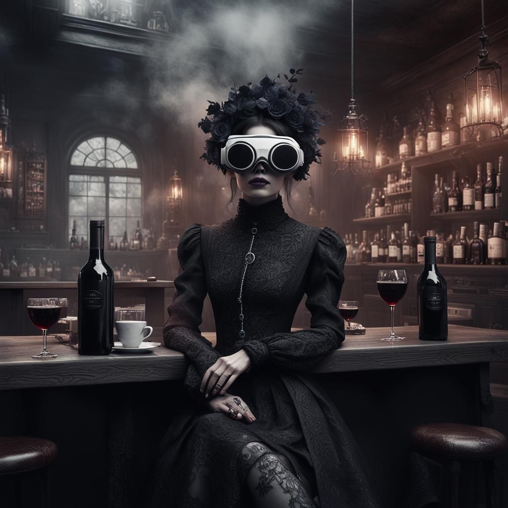 Goth Model in Coffee Shop with VR Goggles