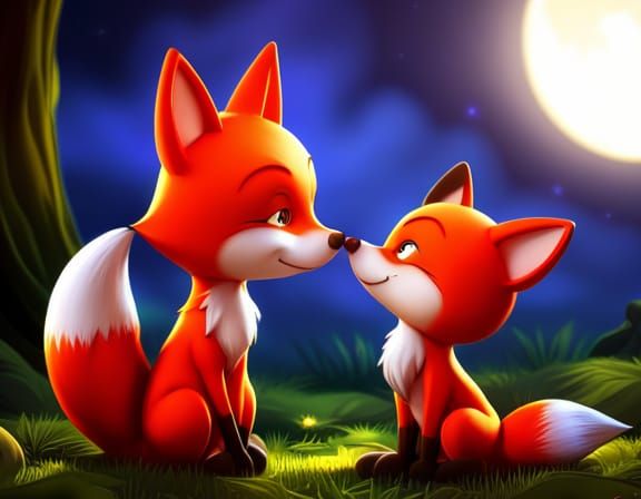 Chibi Fox Lovers Kissing in Moonlit Forest