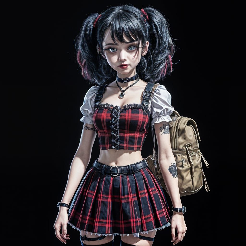 Anime Goth Schoolgirl with Teddy Bear Backpack