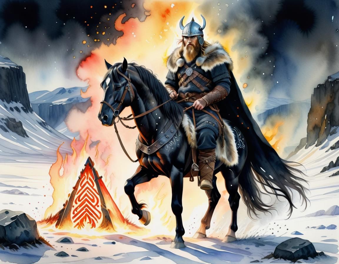 Viking Warrior on Black Horse of Famine, Watercolour