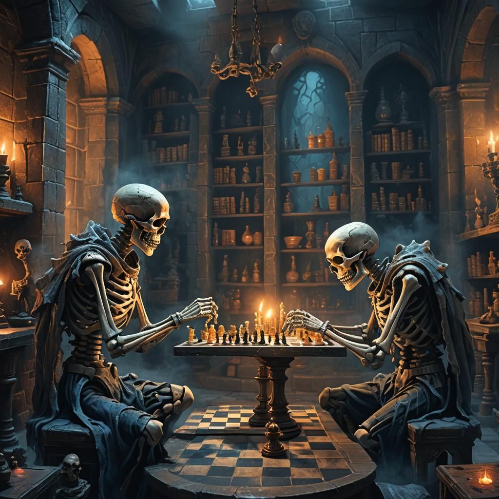 Skeletal Chess Game in Mysterious Chamber