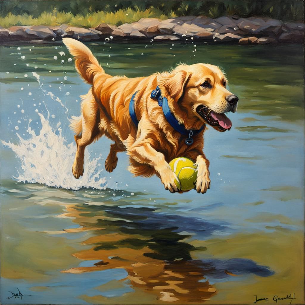 Golden Retriever Ball Fetch: Oil Painting Style