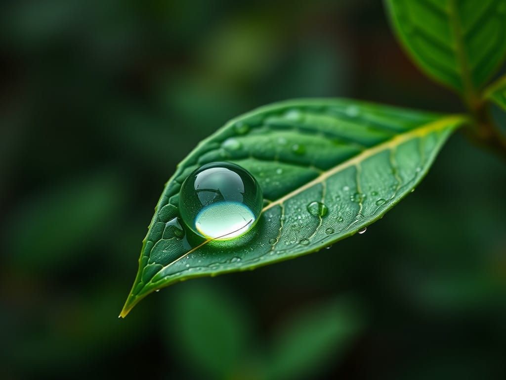 Emerald Green Leaf with Raindrop in Hyper-Realistic 8K