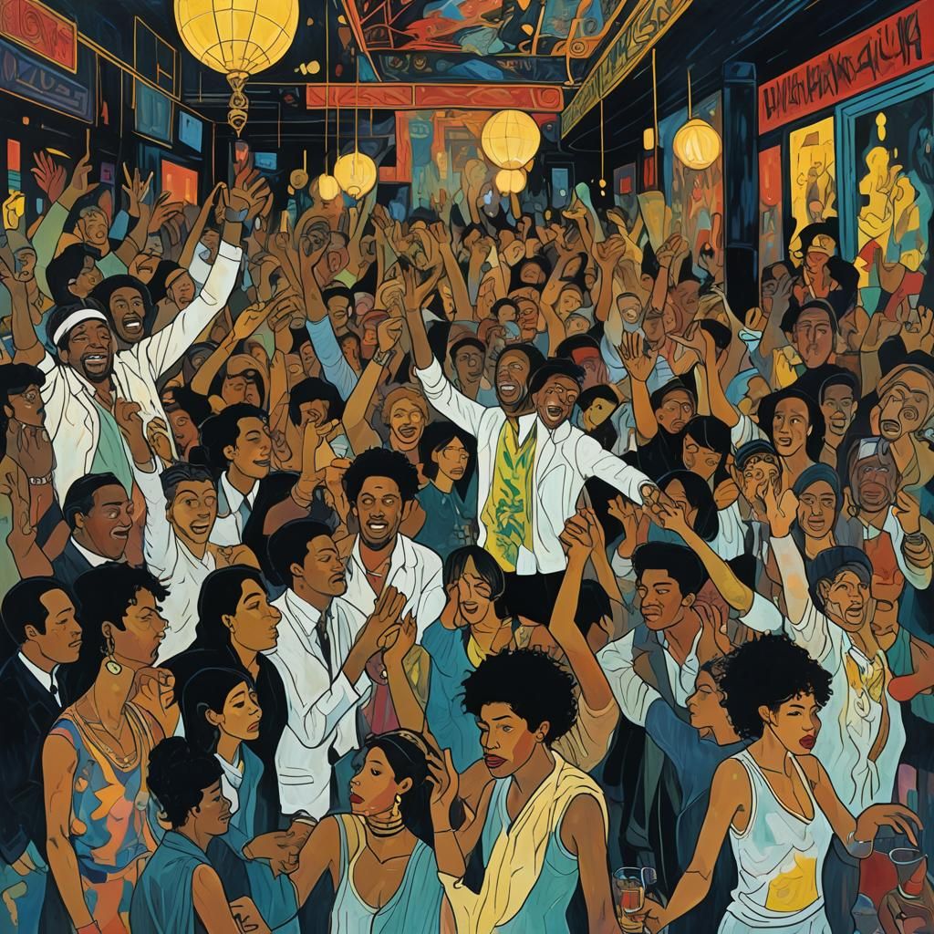 Nightclub Revelry in Basquiat-Meets-Art Nouveau Style