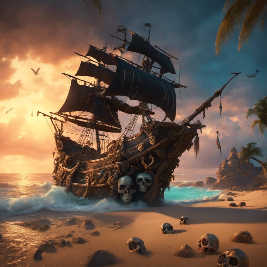 Glowing Pirate Treasure Chest on Beach, Matte Painting