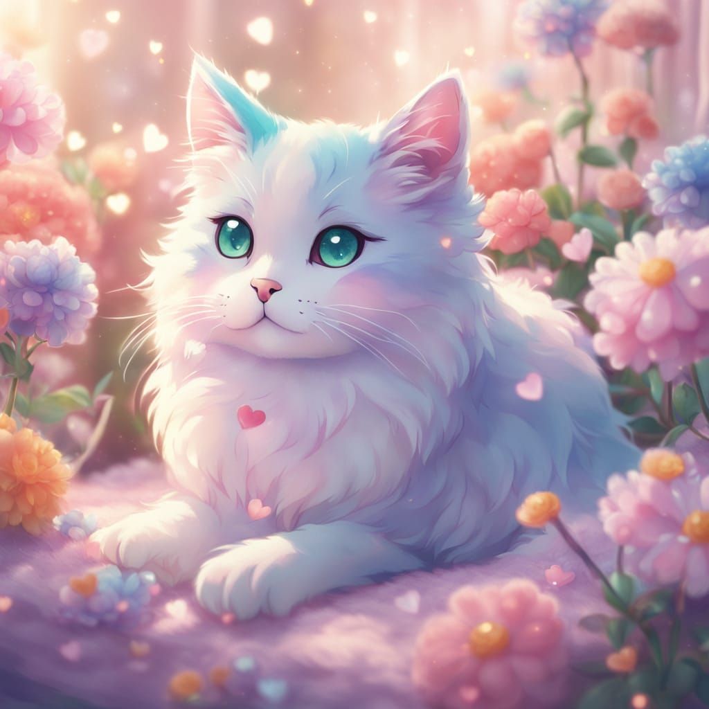 Adorable Anime Cat with Flowers and Heart Lights