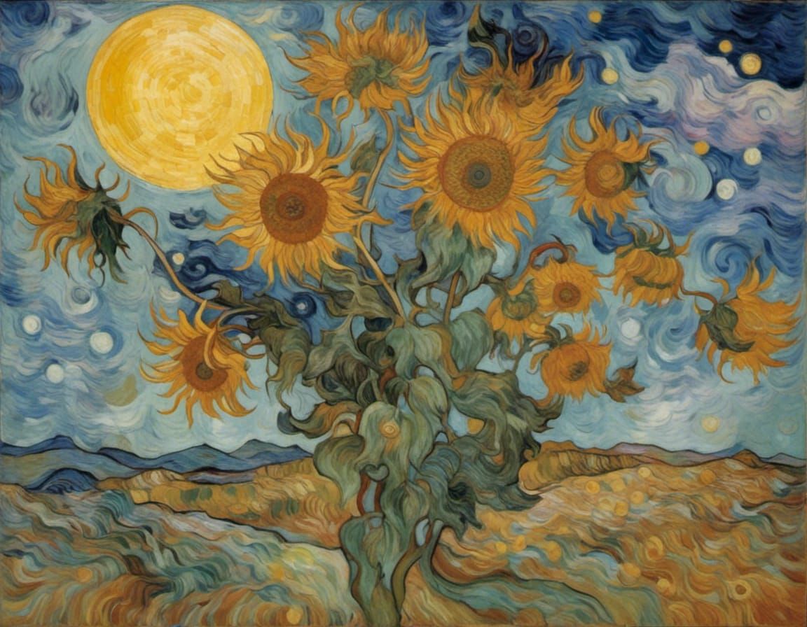 Van Gogh Amongst Sunflowers Under Starry Night