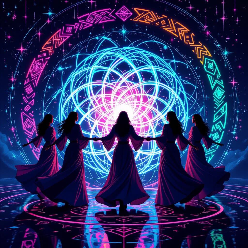 Synthwave Ladies Weaving Light and Darkness