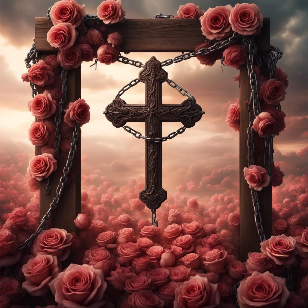 Wooden Cross Wrapped in Roses and Chains