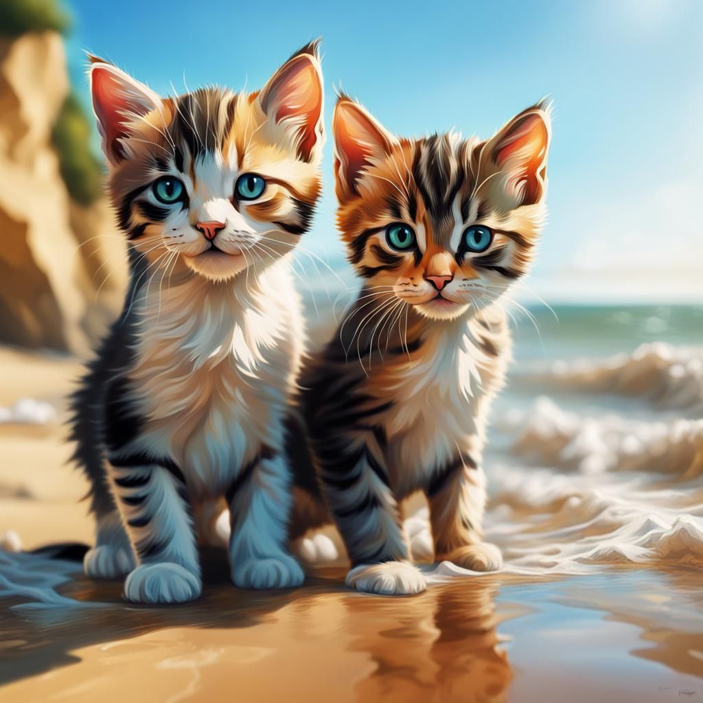 Hyperrealistic Kittens Enjoying a Normandy Beach