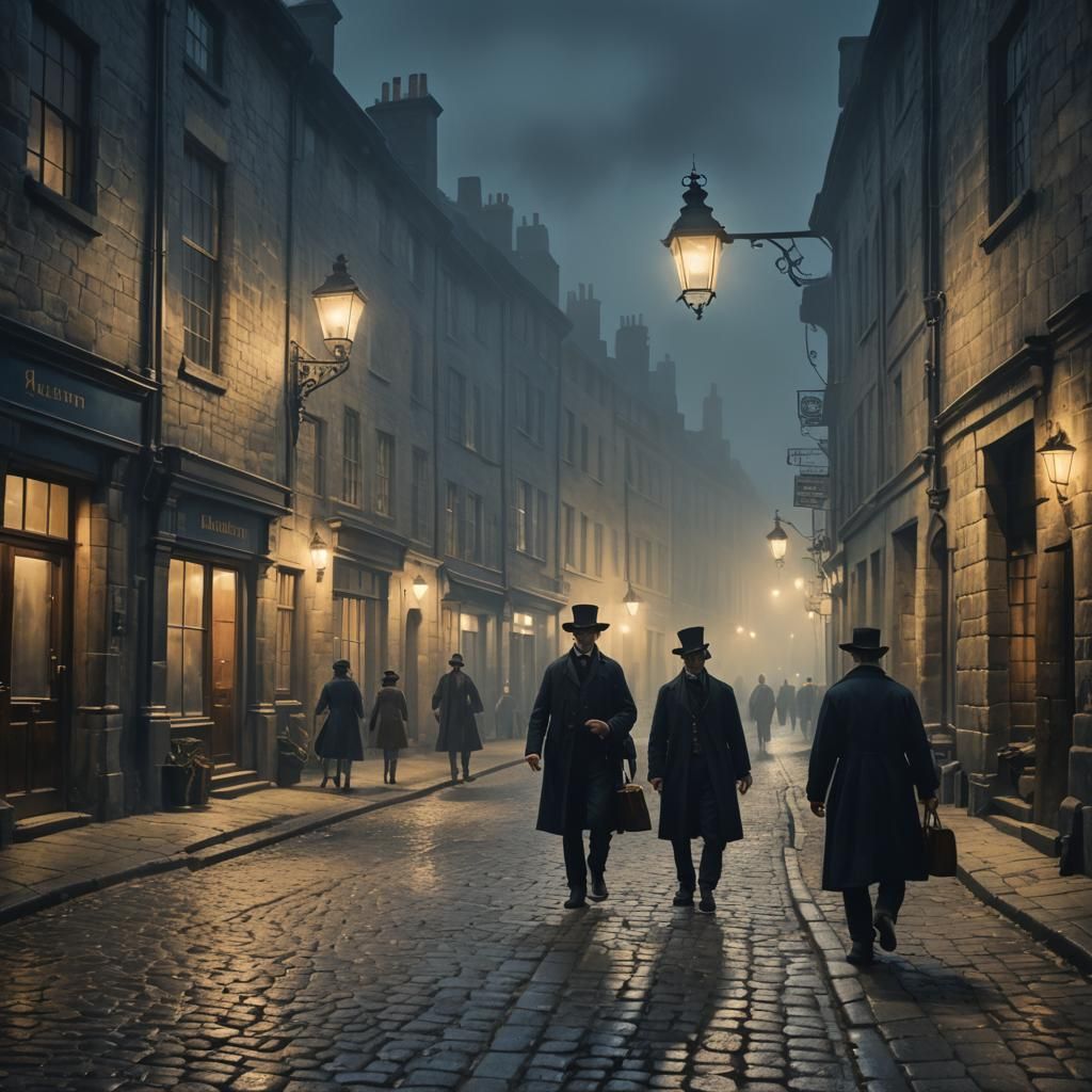 Foggy English Street at Night, Rembrandt-Inspired Oil Painti...