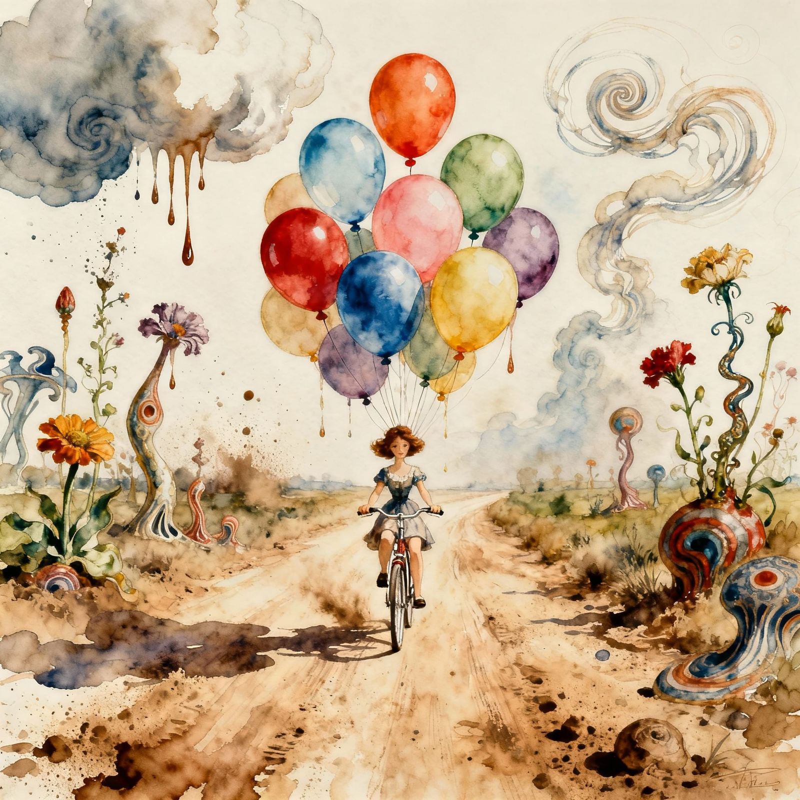 Surreal Watercolor of Woman on Bicycle with Balloons