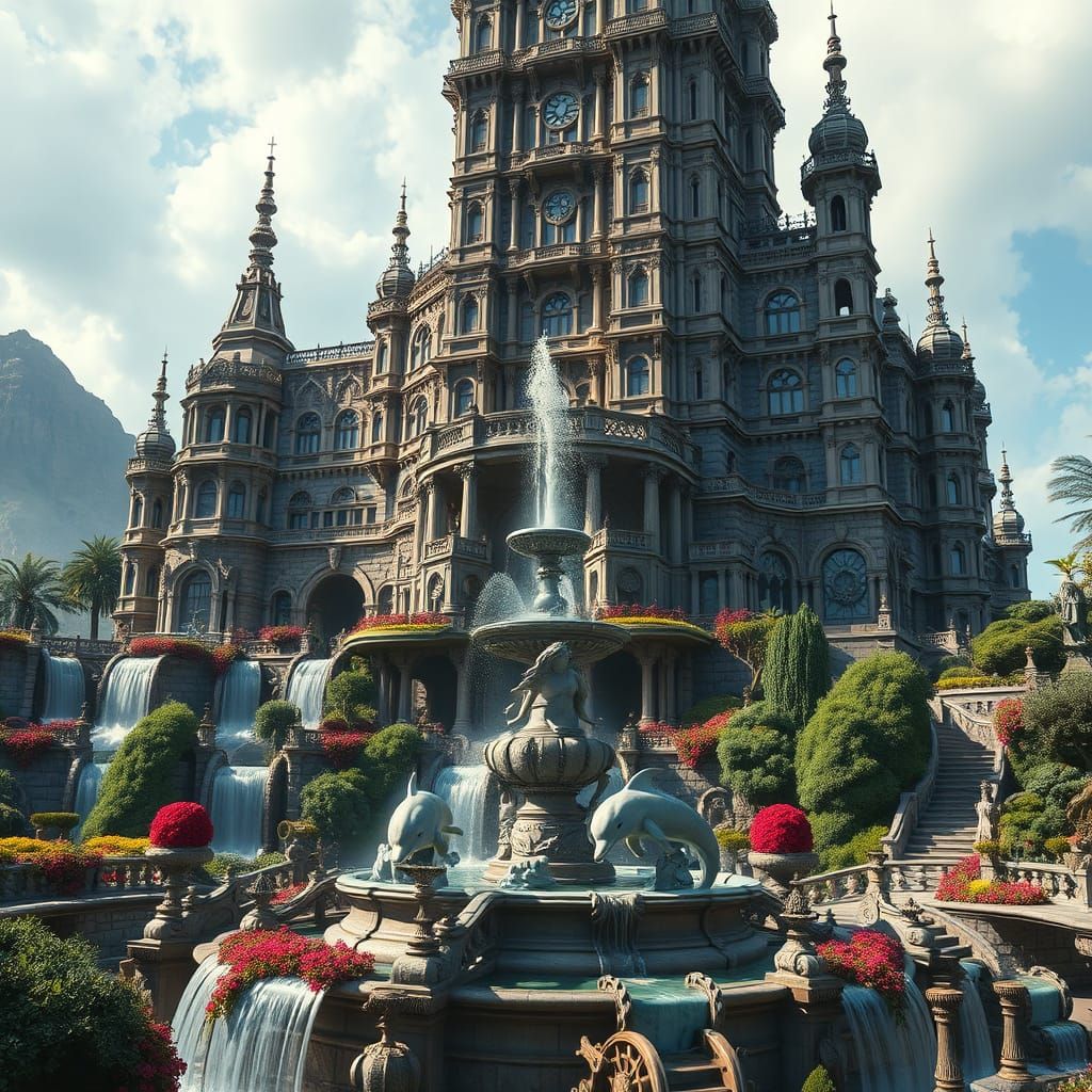 Victorian Steampunk Palace Gardens with Waterfalls