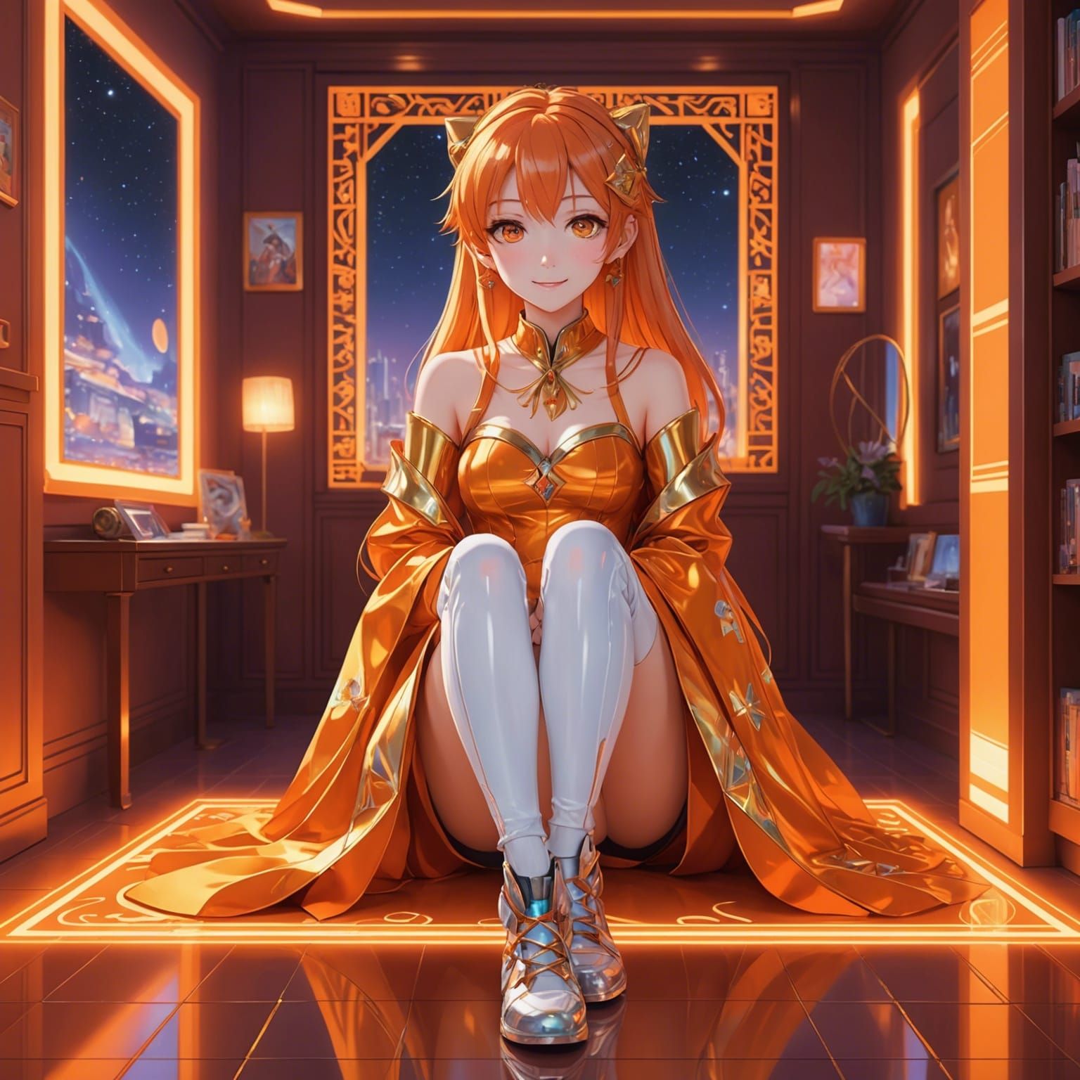 Anime Waifu Portrait in Orange Hologram Light