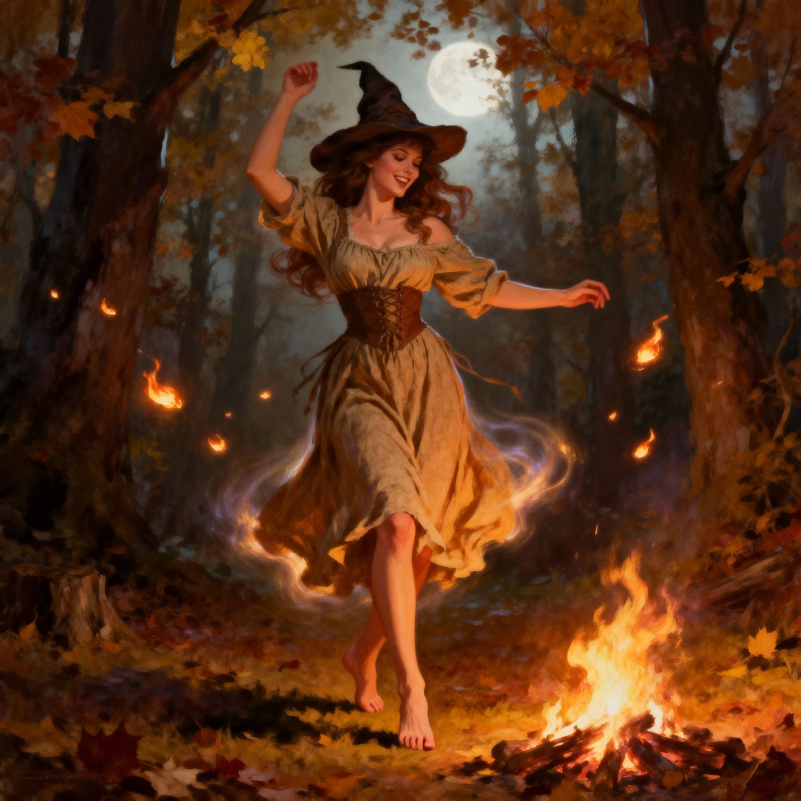 Joyful Witch Dances by Bonfire in Autumn Forest