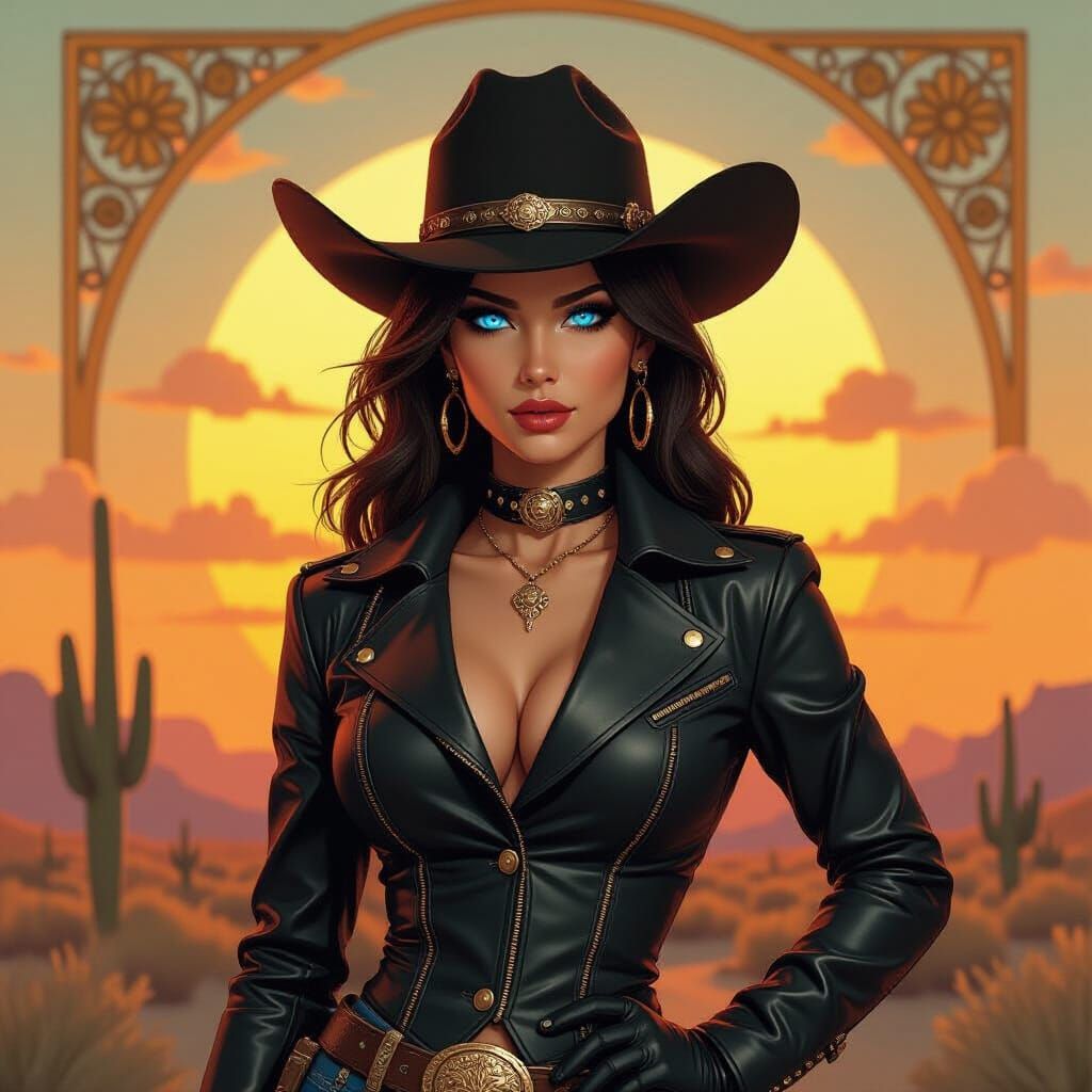 Android Cowgirl in Art Nouveau Desert Sunset