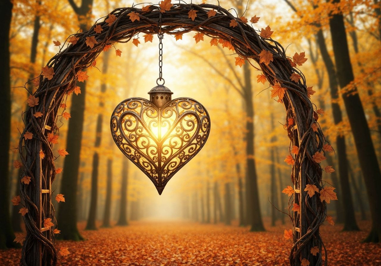 Heart-Shaped Lantern in Whimsical Fairy Tale Autumn Forest