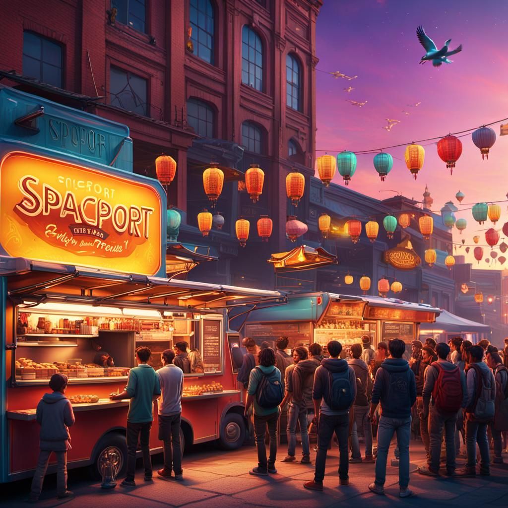 Vibrant Street Food Truck at Spaceport: Digital Matte Painti...